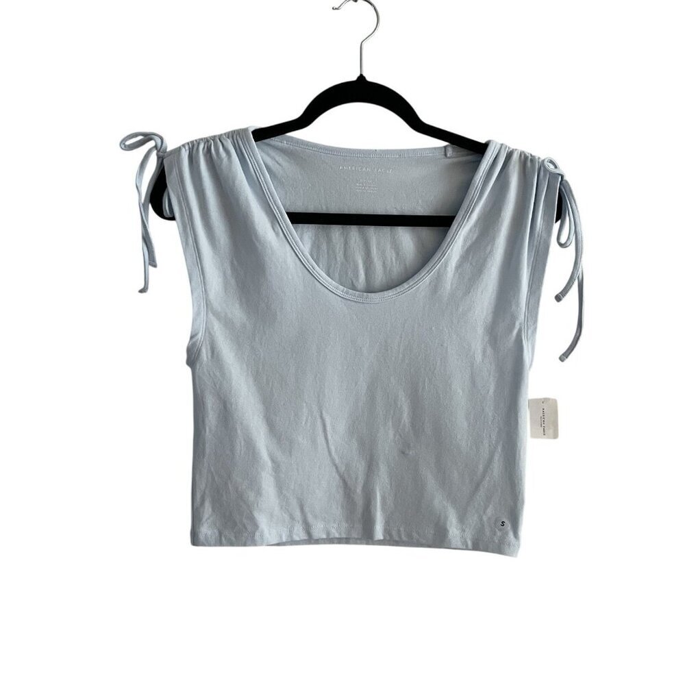 American Eagle Women S Light Blue Y2K Scoop Neck Cropped Cinch Shoulder Tee NWT - Picture 3 of 11